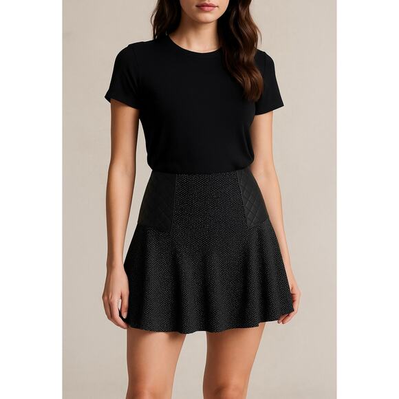 BCBGeneration Quilted Faux Leather Panel Mini Skirt Sz 8 Black White Flare VGUC - Picture 5 of 12